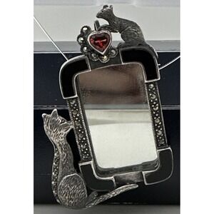Designer Sterling Silver, Marcasite & Garnet Cat Kitten Mirror Pin Brooch 10